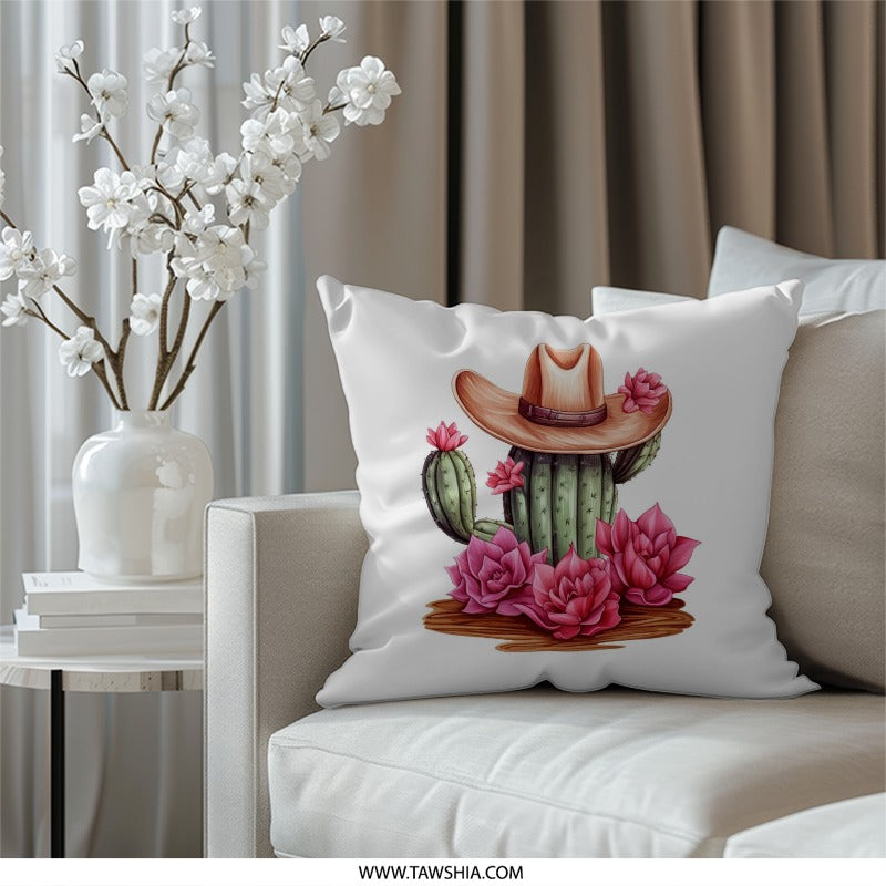 Cactus Pillow, Cowboy Hat Decor, Southwest Home Decor, Pink Flower Accent Pillow, Desert Theme Cushion, Western Decor, Gift for Plant Lover - Tawshia