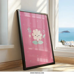 Cute Flower Framed Wall Art, Pink Heart Decor, Kids Room Art, Nursery Art, Floral Wall Decor, Kawaii Art Print, Whimsical Art, Gift Idea - Tawshia
