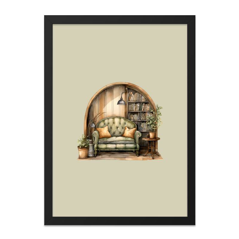 Cozy Reading Nook Wall Art, Bookshelf Couch Print, Interior Decor Artwork, Home Library Painting, Comfortable Room, Modern Wall Hanging - Tawshia