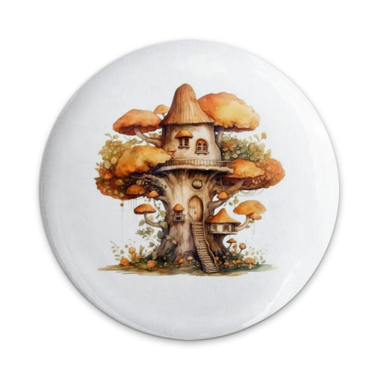 Mushroom Tree House Pinback Button, Fantasy Cottagecore Badge, Whimsical Fairytale Gift, Unique Backpack Accessory, Storybook Style Button - Tawshia