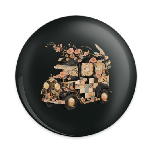 Floral Vintage Car Pinback Button, Antique Automobile Badge, Cute Flower Truck Button, Unique Aesthetic Accessory, Classic Car Button - Tawshia