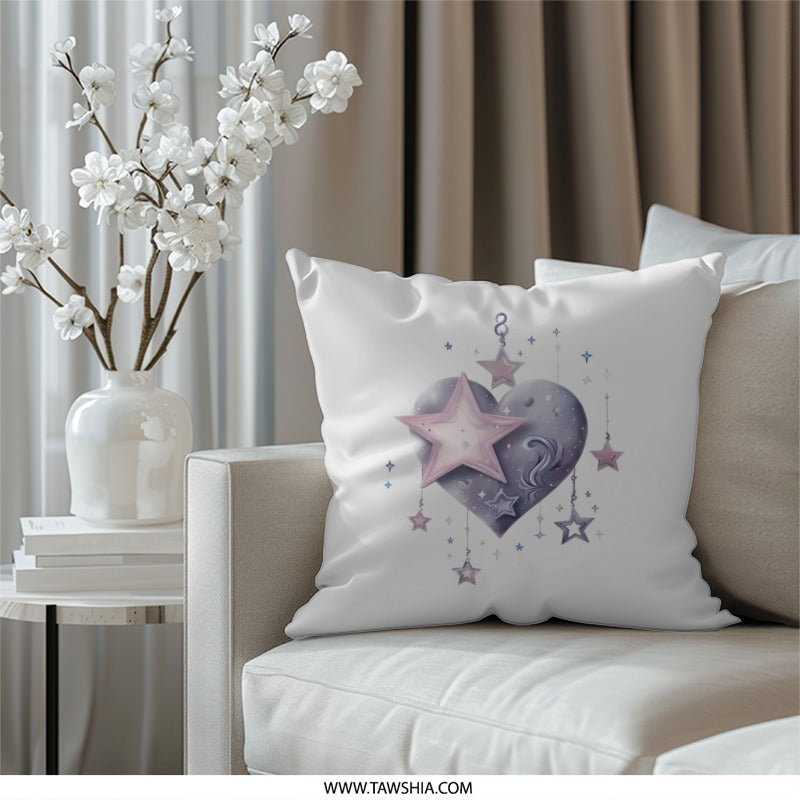 Heart Stars Pillow, Celestial Decor, Whimsical Accent, Bedroom Decor, Cute Throw Pillow, Decorative Cushion, Girl's Room, Gift Idea - Tawshia