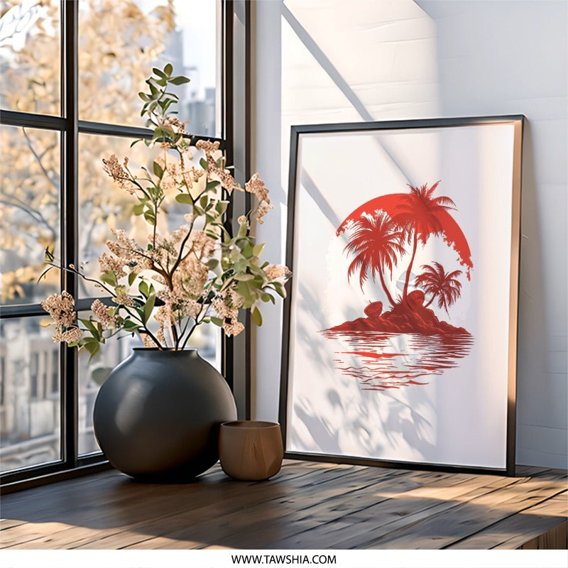 Tropical Island Wall Art, Sunset Palm Trees, Beach House Decor, Red Ocean Print, Coastal Wall Decor, Summer Vibes Wall Art, Vacation Home - Tawshia