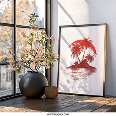 Tropical Island Wall Art, Sunset Palm Trees, Beach House Decor, Red Ocean Print, Coastal Wall Decor, Summer Vibes Wall Art, Vacation Home - Tawshia