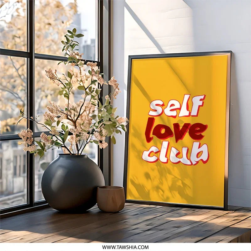Self Love Club Wall Art, Retro Wall Decor, Positive Affirmations Print, Empowering Wall Art, Trendy Room Decor, Yellow Wall Art - Tawshia