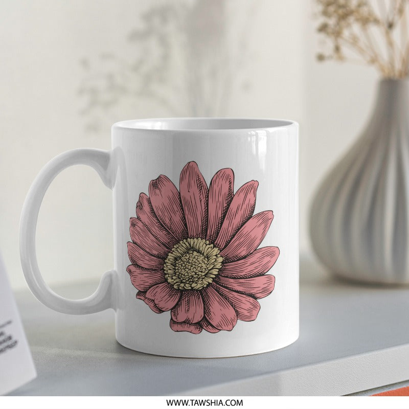 Pink Daisy Flower Mug, Floral Design Cup, Botanical Coffee Mug, Springtime Drinkware, Gift Idea for Her, Nature Lover Present - Tawshia