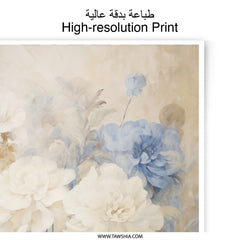 Floral Photographic Print, White Peonies, Blue Accents, Botanical Wall Art, Home Decor, Elegant Flower Print, Fine Art Photography - Tawshia