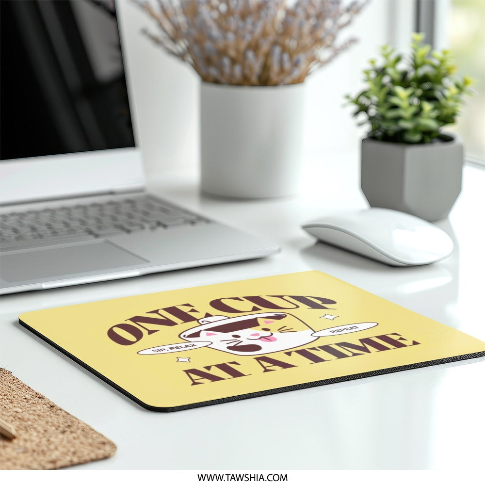 One Cup At A Time Mouse Pad, Cute Cat Mousepad, Coffee Lover Gift, Kawaii Desk Decor, Funny Desk Accessories, Work From Home Essential - Tawshia