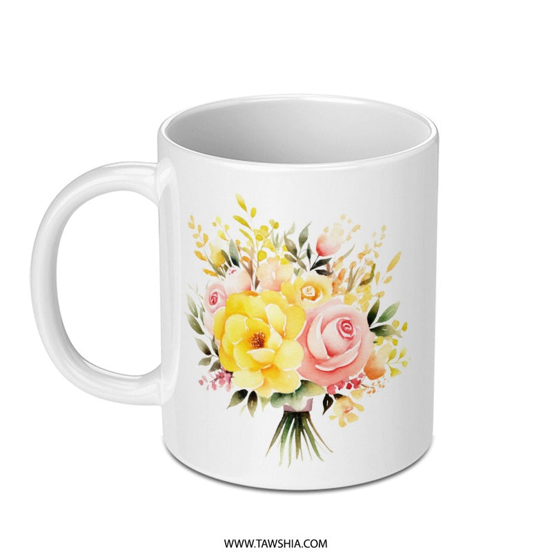 Floral Bouquet Mug, Watercolor Roses, Flower Lover Gift, Unique Coffee Mug, Elegant Tea Cup, Birthday Present, Artistic Mug Design - Tawshia