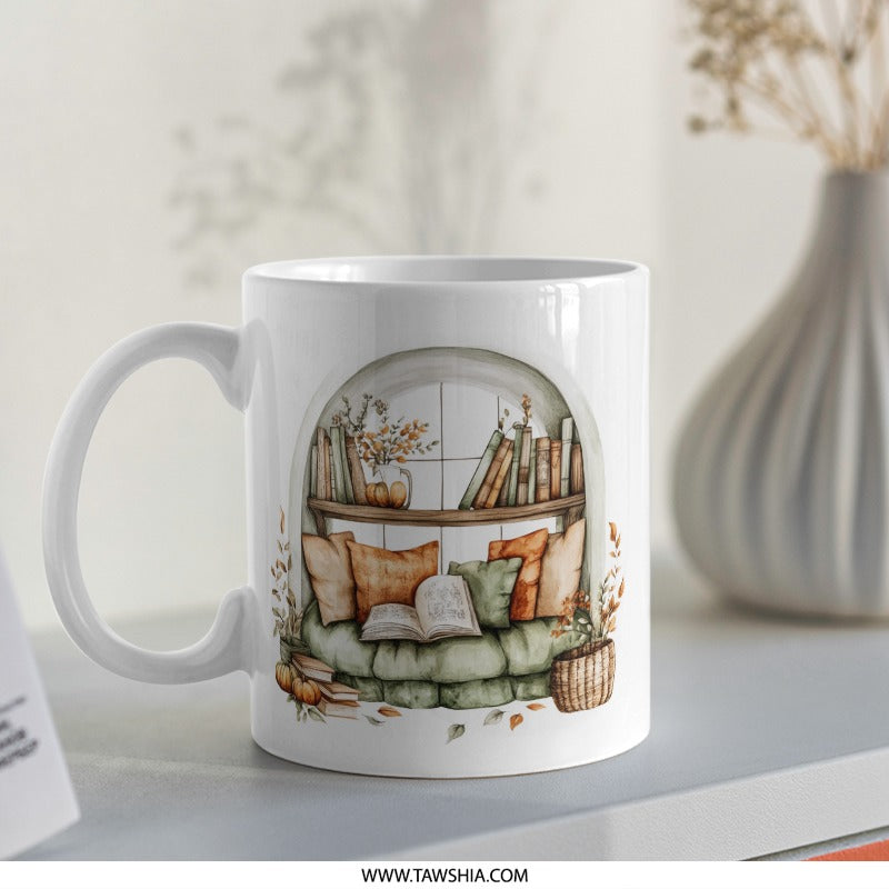 Cozy Reading Nook Mug, Fall Decor Mug, Book Lover Gift Mug, Autumn Coffee Mug, Unique Ceramic Mug (132 characters) - Tawshia