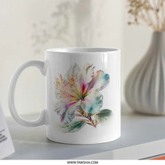 White Hibiscus Flower Mug, Floral Art Coffee Cup, Watercolor Botanical Mug, Colorful Blossom Tea Mug, Unique Flower Gift, Art Lover Gift - Tawshia