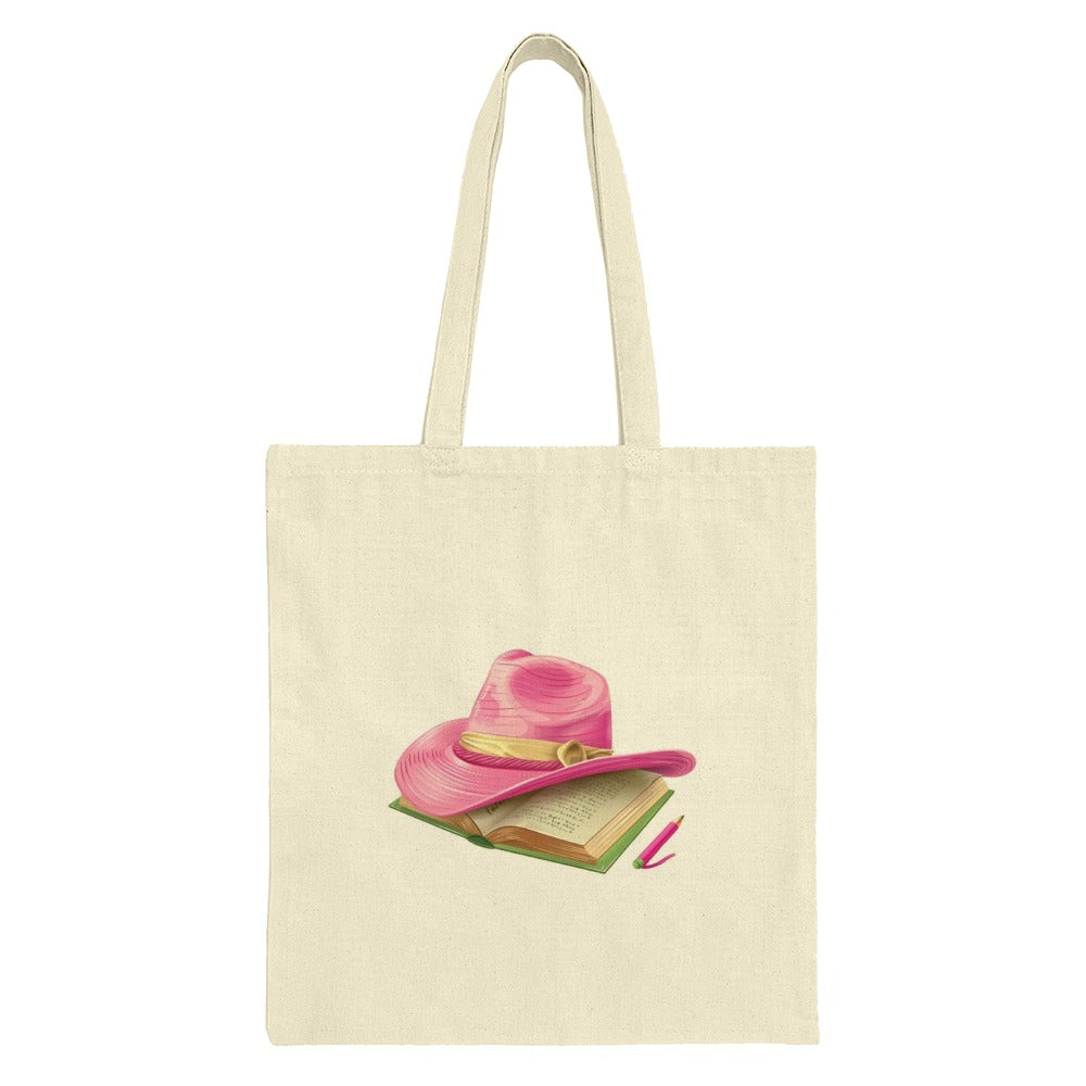 Pink Hat Book Tote Bag, Literary Gift, Reader Bag, Cute Tote Bag, Book Lover Gift, Bookworm Bag, Unique Shoulder Bag, Aesthetic Book Tote - Tawshia