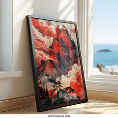 Red Mountain Landscape Wall Art, Asian Inspired Decor, Dramatic Mountain Print, Nature Art, Cloudscape Painting, Modern Wall Decor, Home - Tawshia