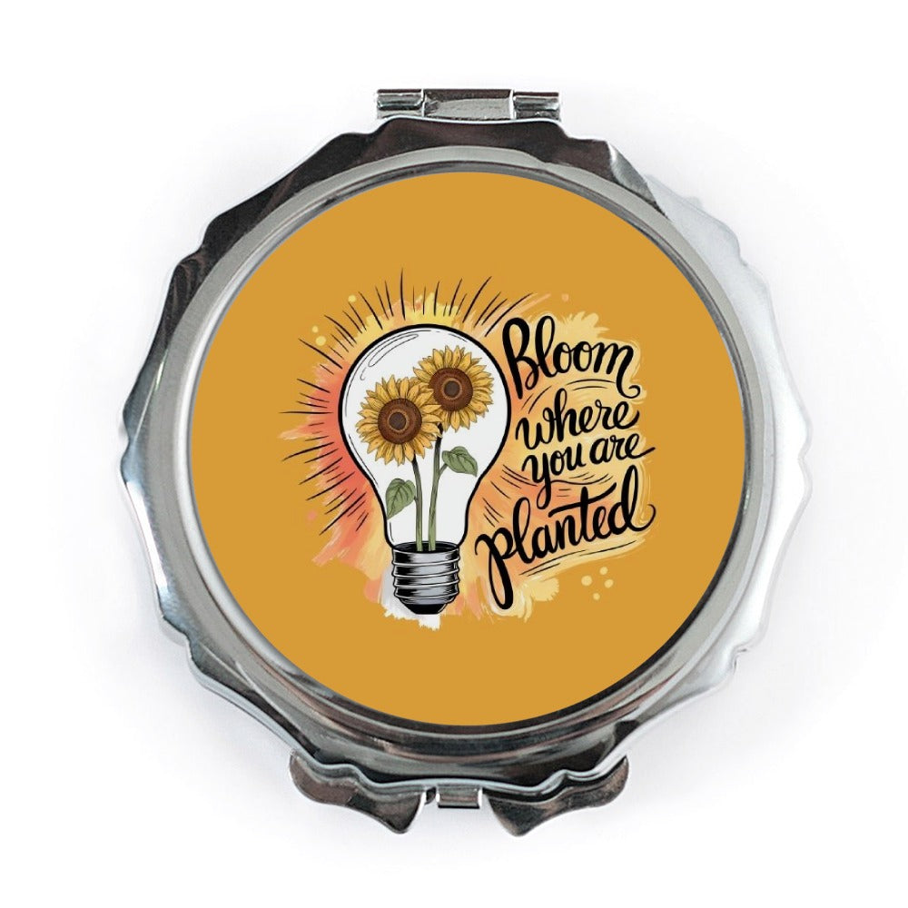 Sunflower Pocket Mirror, Bloom Where You Are Planted Design, Floral Compact Mirror, Inspirational Quote, Motivational Gift for Her - Tawshia