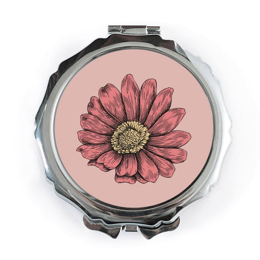 Pink Daisy Pocket Mirror, Floral Handbag Mirror, Cute Makeup Mirror, Gift For Her, Botanical Pocket Mirror, Engraved Pocket Mirror - Tawshia