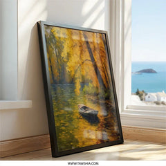 Autumn River Boat Painting Wall Art, Fall Landscape Art Print, Golden Leaves Decor, Serene Scenery, Nature Inspired Artwork - Tawshia