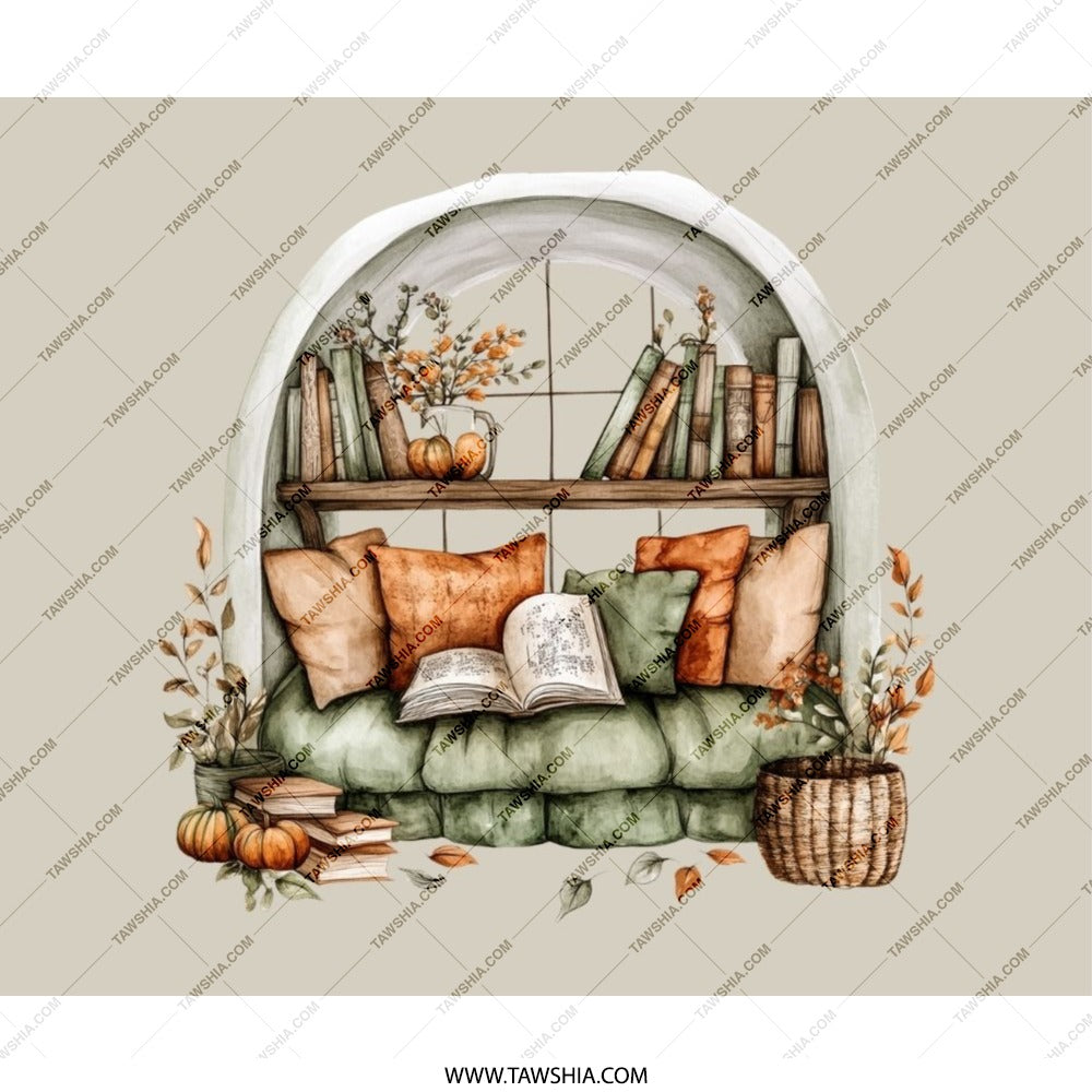 Cozy Window Seat Mouse Pad, Autumn Reading Nook Desk Decor, Fall Aesthetic Mousepad, Pumpkin and Books Office Accessory - Tawshia