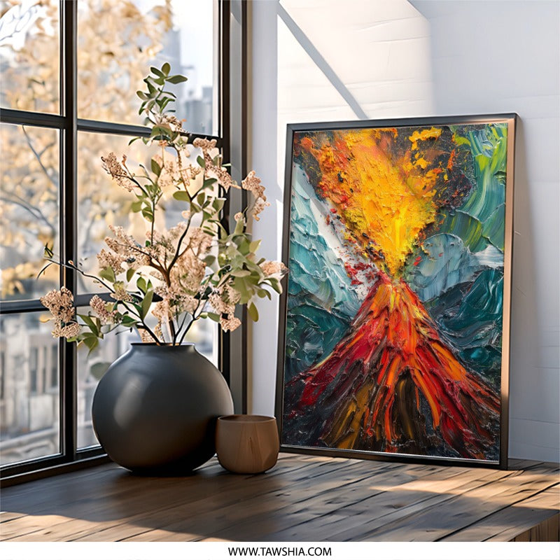 Volcano Eruption Wall Art, Abstract Painting Print, Textured Artwork, Mountain Fire, Home Decor, Landscape Scenery - Tawshia