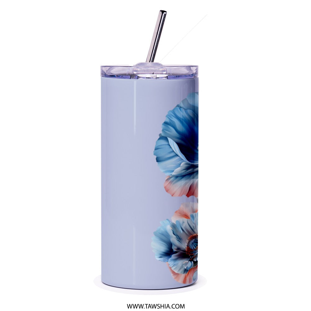 Floral Tumbler, Blue Poppy Tumbler, Flower Tumbler, Botanical Tumbler, Gift for Her, Tumbler with Straw, Floral Design - Tawshia