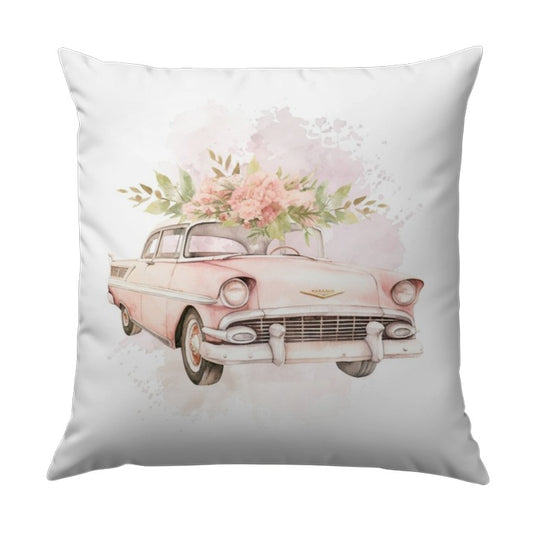Vintage Car Pillow, Floral Accent Cushion, Pink Automotive Art, Classic Car Throw Pillow, Watercolor Car Design Home Decor - Tawshia