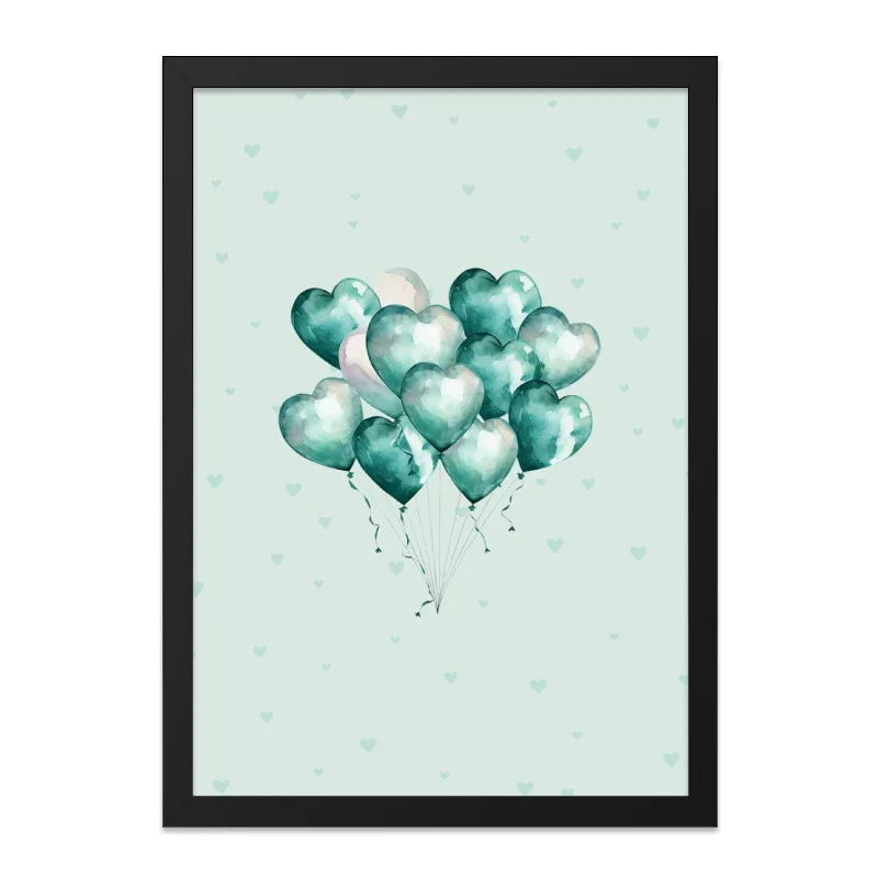 Teal Heart Balloons Wall Art, Watercolor Balloons Print, Teal Nursery Decor, Kids Room Art, Balloon Illustration, Framed Wall Art - Tawshia