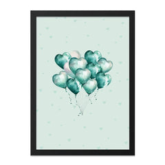 Teal Heart Balloons Wall Art, Watercolor Balloons Print, Teal Nursery Decor, Kids Room Art, Balloon Illustration, Framed Wall Art - Tawshia