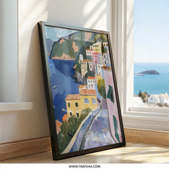 Coastal Village Wall Art, Mediterranean Homes Print, Italy Landscape Painting, Colorful European Architecture Artwork, Seaside Town Scene - Tawshia