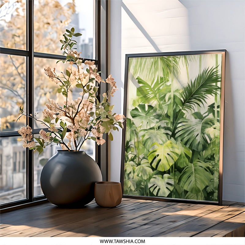 Tropical Wall Art, Green Leaves Print, Botanical Art Decor, Monstera Leaves Painting, Tropical Plants Artwork, Lush Foliage Wall Decor - Tawshia