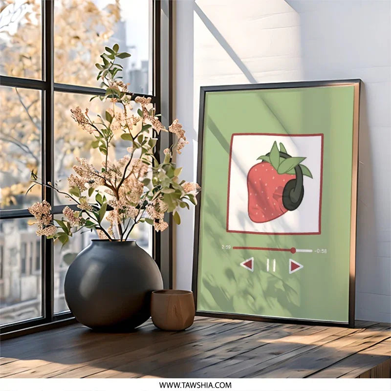 Strawberry DJ Wall Art, Cute Foodie Print, Kitchen Decor, Playful Music Lover Gift, Modern Home Decor, Trendy Wall Hanging - Tawshia