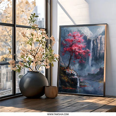 Pink Blossom Tree Wall Art, Waterfall Landscape Print, Nature Scenery Poster, Fantasy Mountain Painting, Serene Home Decor, Peaceful Wall - Tawshia