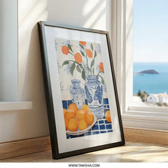 Orange Flower Vase Wall Art, Fruit Still Life Print, Blue and White Pottery Decor, Kitchen Wall Decor, Vibrant Home Decor - Tawshia