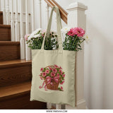 Floral Basket Tote Bag, Pink Flower Design, Cute Ribbon Bow Bag, Gift Bag, Stylish Everyday Bag, Flowers, Woven Basket, Tote Bags - Tawshia