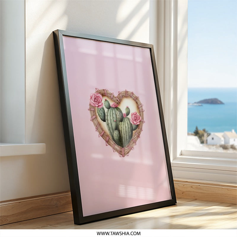 Cactus Heart Wall Art, Pink Rose Decor, Desert Love Print, Valentine's Gift, Succulent Art, Home Decor, Southwest Wall Art - Tawshia
