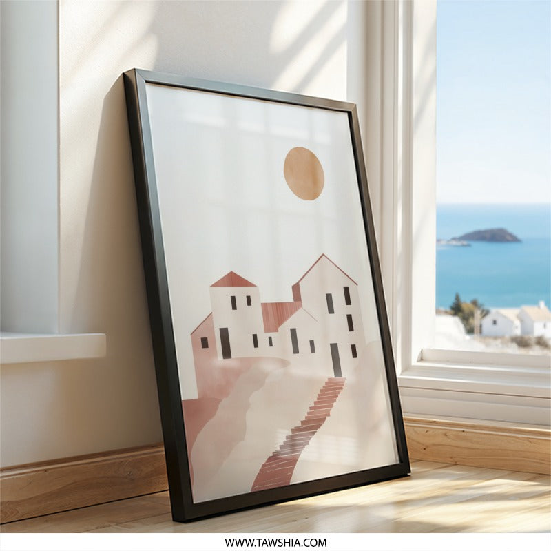 Minimalist Village Wall Art, Abstract House Print, Terracotta Sun Poster, Modern Home Decor, Simple Architecture Artwork - Tawshia