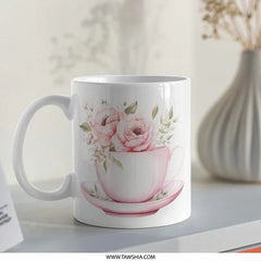 Floral Mug, Tea Cup Design Mug, Watercolor Roses Mug, Flower Lover Gift, Tea Party Mug, Unique Coffee Mug, Pink Floral Mug - Tawshia