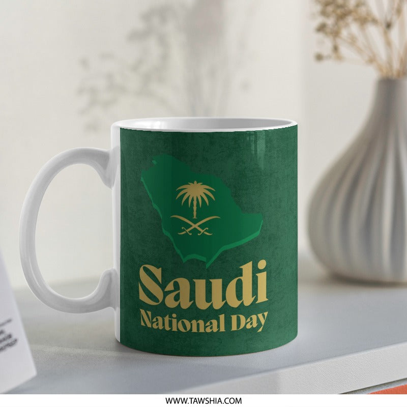 Saudi National Day Mug, Unique KSA Gift, Saudi Arabia Pride Mug, Green and Gold Design, Celebration Mug, Coffee Cup, Tea Mug, Gift Idea - Tawshia