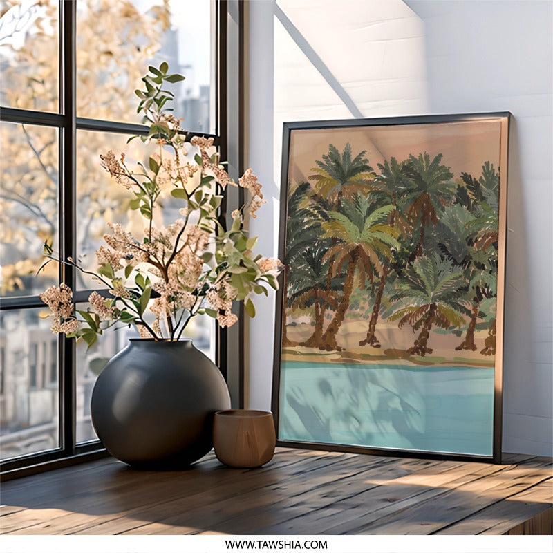 Tropical Palm Tree Wall Art, Beach Landscape Print, Oasis Painting Poster, Coastal Decor, Summer Art Print, Vacation Vibes Artwork - Tawshia