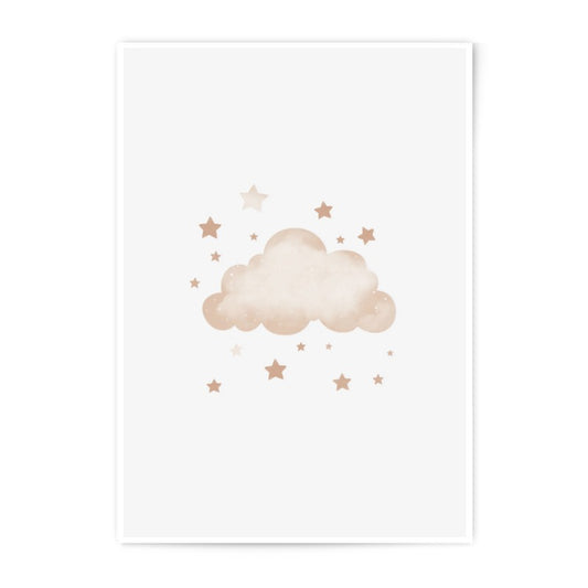 Cloud and Stars Photographic Print, Nursery Wall Decor, Celestial Art Print, Dreamy Kids Room Art, Watercolor Style Print - Tawshia