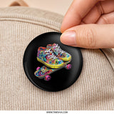 Psychedelic Skate Shoes Pinback Button, Vibrant Sneakers on Skateboard, Colorful Accessory, Retro Style Pin Badge, Trendy Design - Tawshia