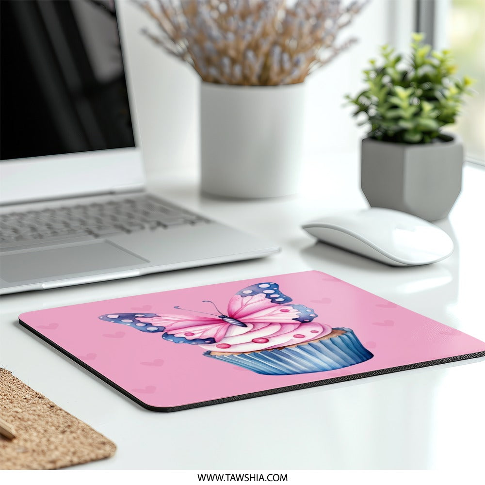 Butterfly Cupcake MousePad, Pink Hearts Desk Accessory, Cute Girly Office Decor, Sweet Treat Gift Idea, Whimsical Mouse Pad - Tawshia