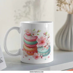 Macaron Mug, Floral Mug, Flower Mug, Coffee Mug, Tea Mug, Gift Mug, Dessert Mug, Pastel Colors, Pretty Mug, Sweet Treats Mug - Tawshia
