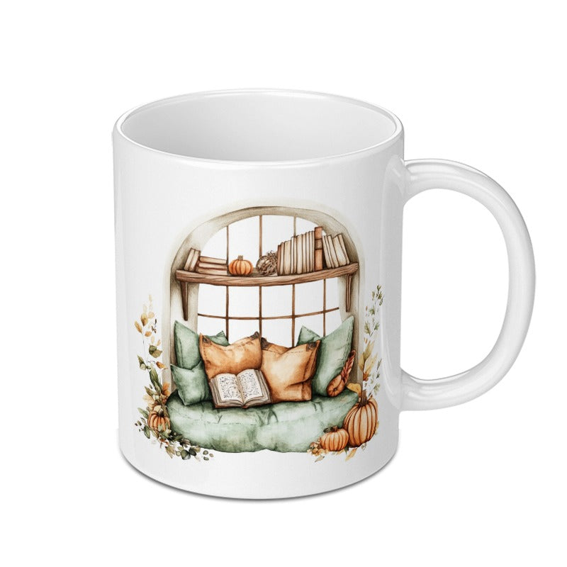 Cozy Reading Nook Mug, Fall Decor, Autumn Vibes, Pumpkin Spice, Book Lover Gift, Window Seat Mug, Literary Mug, Home Decor, Warm Drink Mug - Tawshia