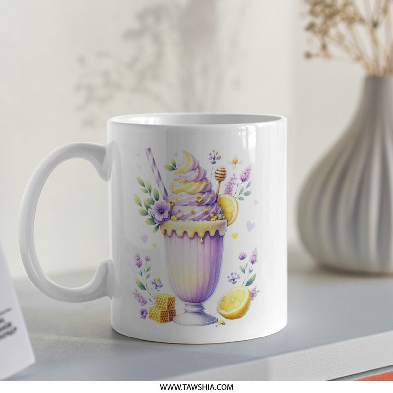 Lemon Lavender Latte Mug, Floral Coffee Cup, Unique Tea Mug, Cute Drinkware, Aesthetic Mug, Gift for Her, Whimsical Watercolor Mug - Tawshia