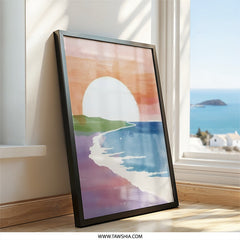 Watercolor Sunset Beach Wall Art, Coastal Scenery Print, Calming Seascape Painting, Abstract Ocean Art, Home Decor - Tawshia