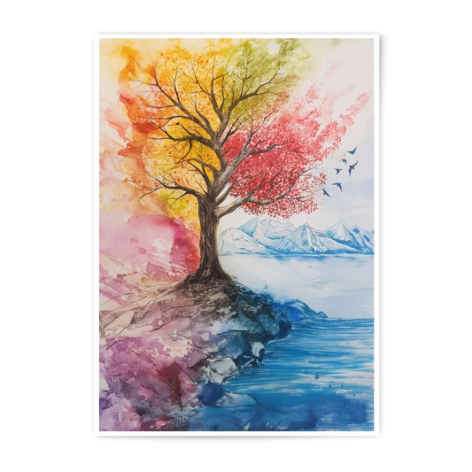 Four Seasons Tree Art Photographic Print, Watercolor Tree Print, Mountain Lake Landscape, Nature Wall Decor, Home Decor, Office Art Print - Tawshia