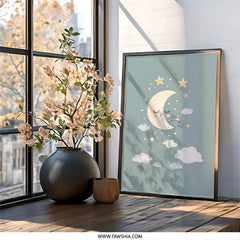 Moon and Stars Wall Art, Nursery Decor, Sleeping Moon Print, Baby Room Art, Celestial Wall Decor, Kids Room Decor, Dreamy Wall Art - Tawshia