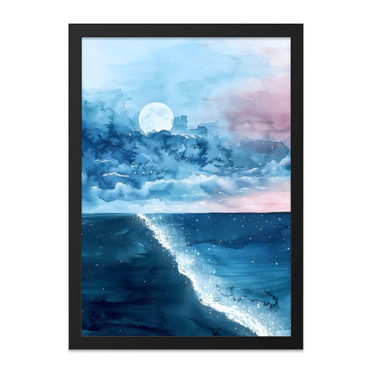 Moonlit Ocean Wall Art, Watercolor Seascape Print, Celestial Art Print, Coastal Decor, Night Sky Artwork, Calm Ocean Painting - Tawshia