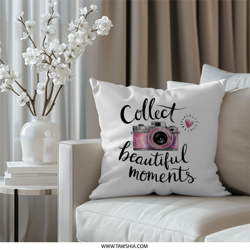 Collect Beautiful Moments Pillow, Camera Lover Gift, Photography Decor Pillow, Home Decor Pillow, Inspirational Pillow, Pink Camera Pillow - Tawshia