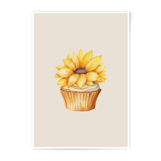 Sunflower Cupcake Photographic Prints, Watercolor Flower Food Art, Kitchen Decor, Floral Dessert Wall Art, Summer Home Decor - Tawshia