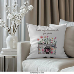 Camera Flower Pillow, Floral Camera, Photographer Gift, Botanical Pillow, Spring Decor, Home Decor Pillow, Accent Pillow, Statement Pillow - Tawshia